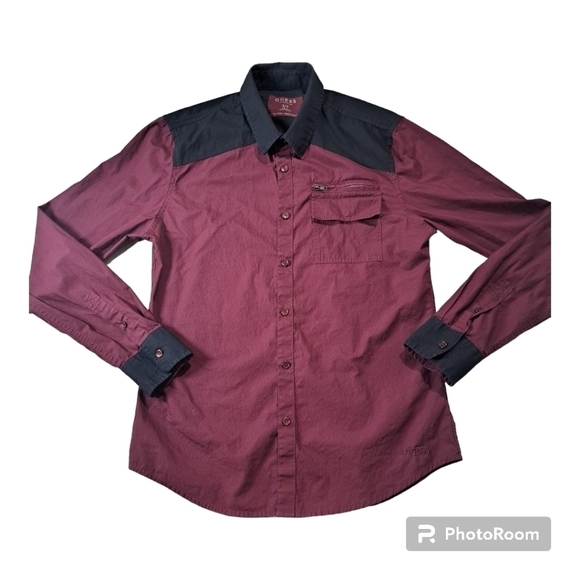Guess Mens Poplin Long Sleeve Button Up Slim Fit Shirt Maroon Black Size S/P - Picture 1 of 12